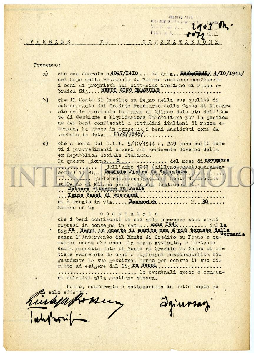 Verbale di constatazione dell'avvenuta restituzione dei beni di Gino Emanuele Neppi alla moglie Ginevra Minerbi da parte del Credito fondiario, 8 novembre 1947